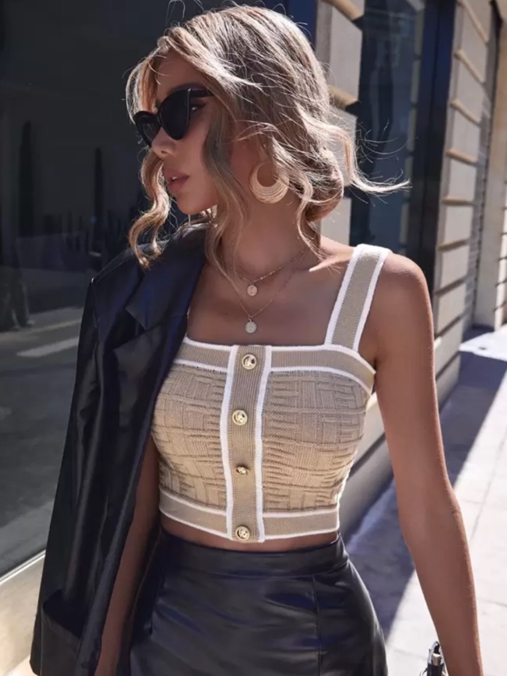 Khaki Knit Gold Button-Front Cropped Tank Top - Picture 3 of 5